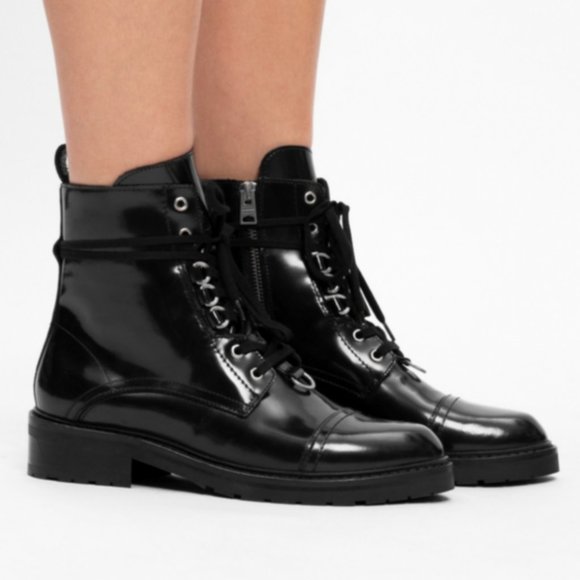 AllSaints Black Women's Leather Lira Hiker Black Boots Size 38 EU 8 US - Picture 1 of 9
